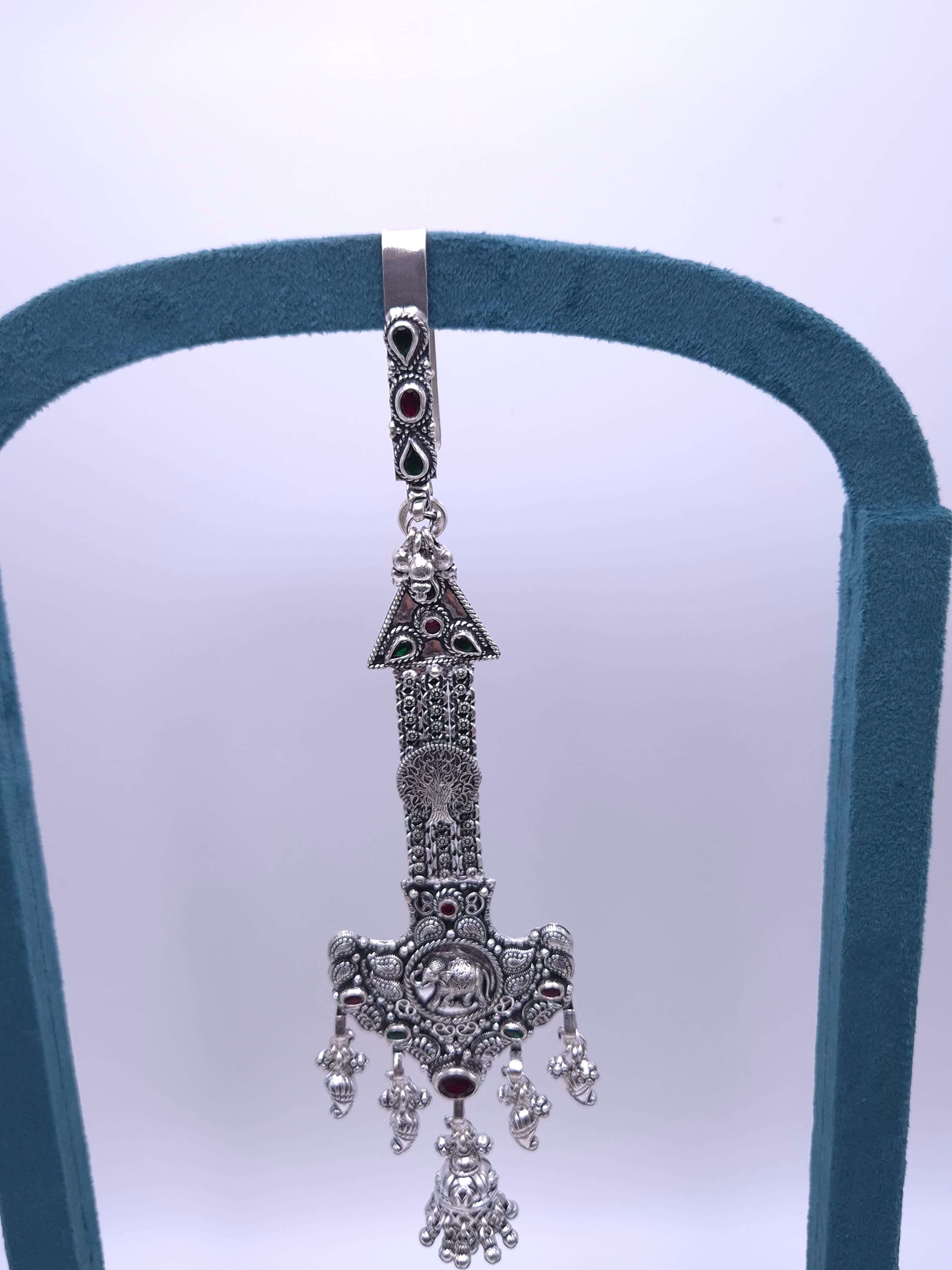 Traditional 92.5 sterling silver long oxidized pendant with intricate temple carvings and ghungroo danglings (ZD-65)