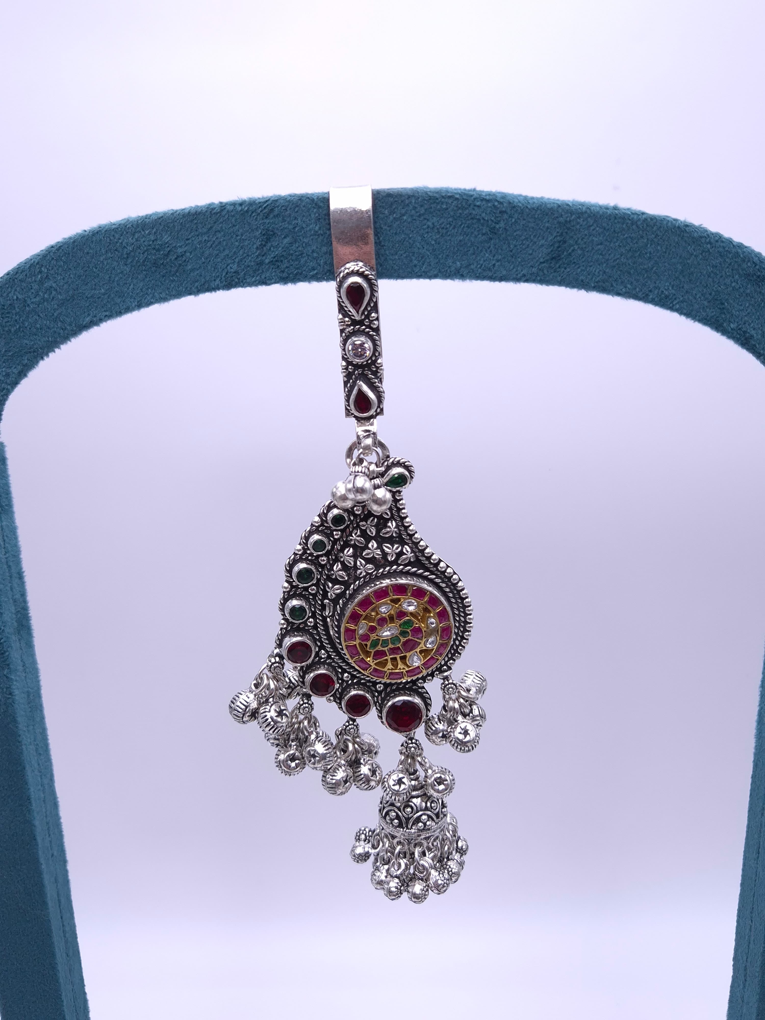 Traditional Peacock Paisley Silver Pendant with Ghungroo Drops (ZD-9)
